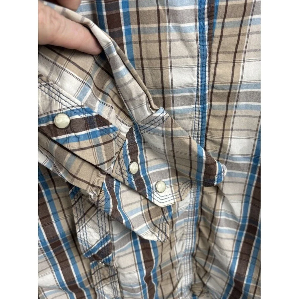 True Religion Button Up Shirt Mens Large Beige Pearl Snap Plaid Western Cowboy